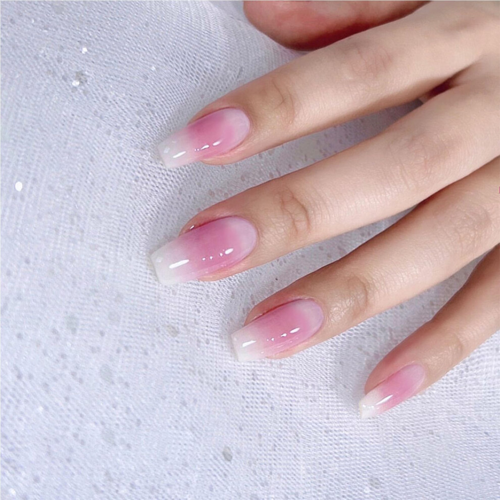 Long Lasting Glossy Pink Gradient Press On Nails Set 24PCS for Women Waterproof Resin False Nails
