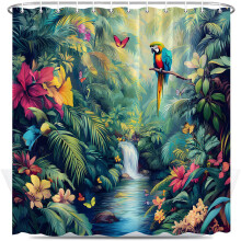 Tropical Jungle Shower Curtain with Hooks 70x80 Inch Green Leaf Parrot Design for Bathroom Decor