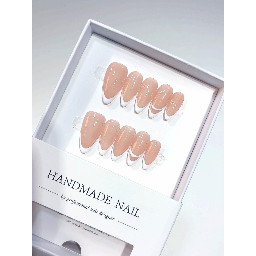 Nude French Tip Press On Nails Set, Almond Shape with Shimmery Resin Finish, Reusable Medium Length False Nails for Women A069
