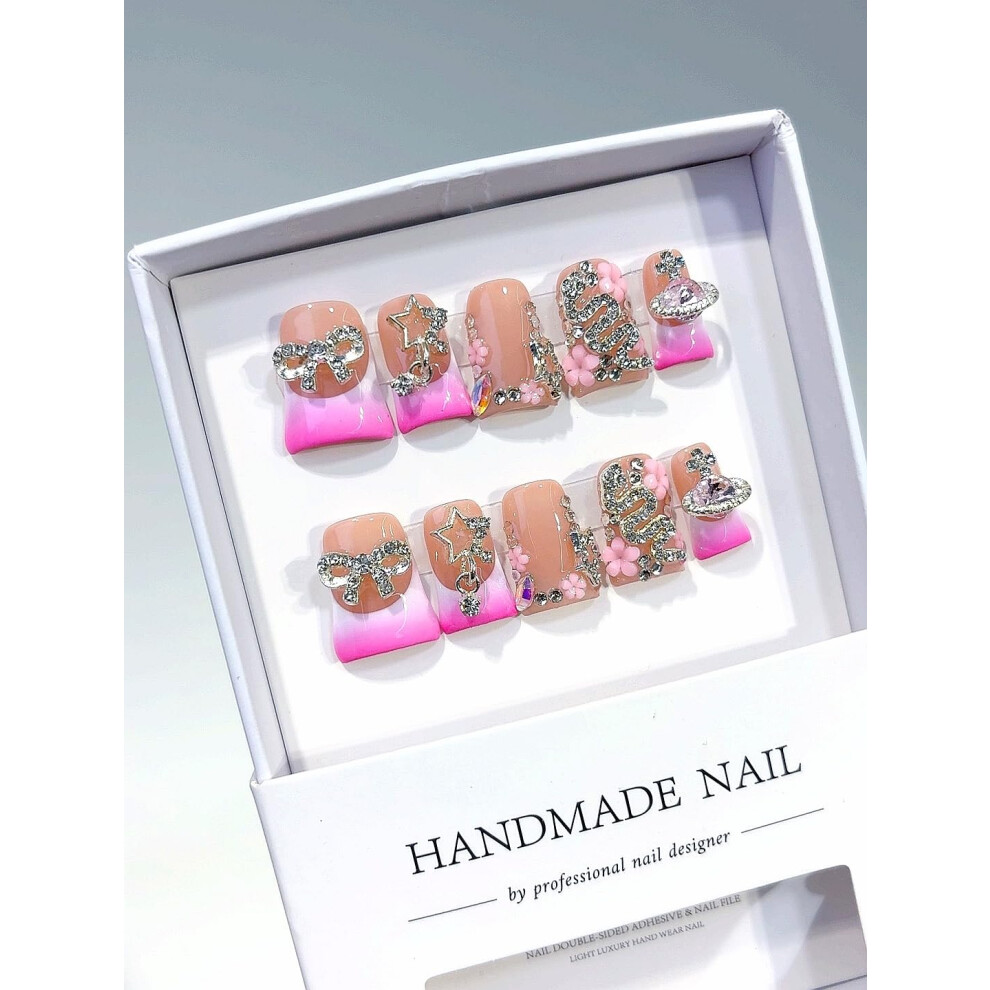 Pink Ombre Press On Nails with Rhinestones, Luxury Short Duckbill Resin False Nail Set for Women