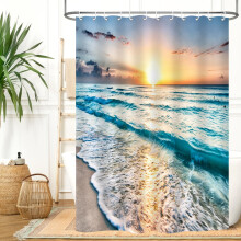 Ocean Shower Curtain Beach Waves Waterproof Fabric Coastal Sunrise Pattern Bathroom Decor Set 54x78 Inch