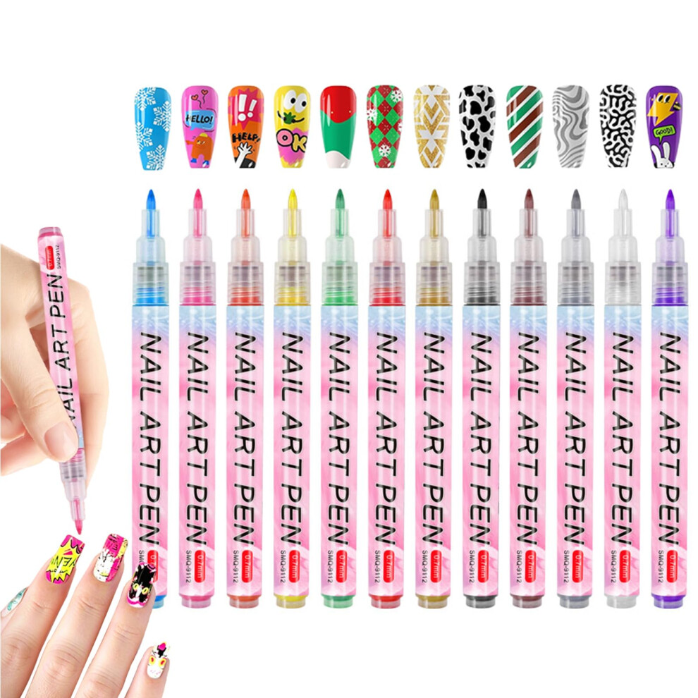 12 Vibrant Colors Nail Art Pens, 0.7mm Fine Tip, QuickDry Acrylic Paint Pens for Nails, 1 Set