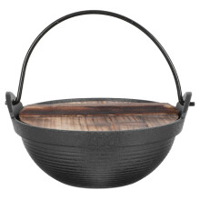 Japanese Sukiyaki Pot Cast Iron Hot Pot with Lid, Even Heat Distribution, Wooden Handle for Camping and Induction