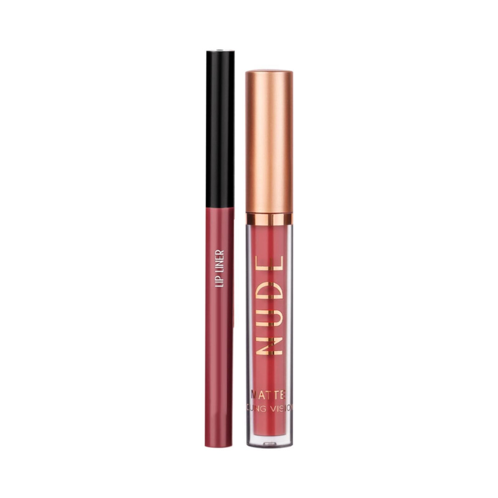 Cream 2Pcs Matte Liquid Lipstick And Lip Liner Pencil Set, Waterproof Long Lasting Velvety Nude Lip Stain Gift