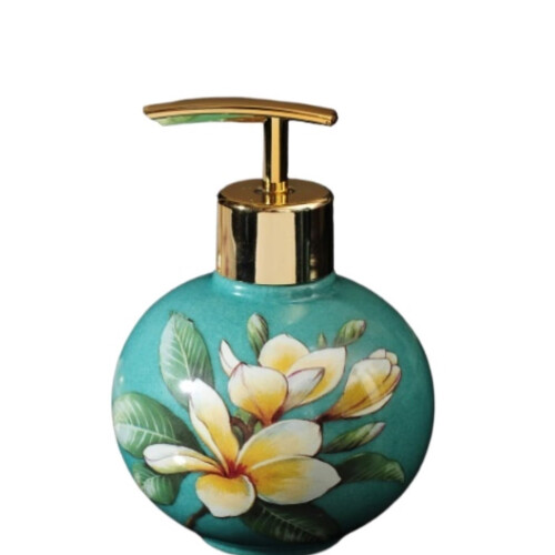 Vintage Green Peony Ceramic Soap Dispenser with Pump, Compact Size for Easy Organization