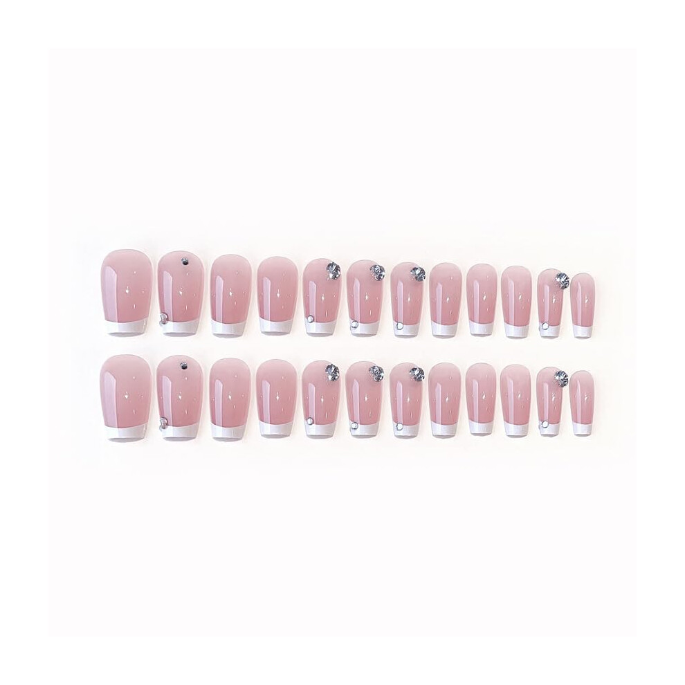 Pink French Press On Nails With Diamond Tips, Handmade Short Nails For Instant French Manicure