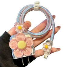 Charger Cable Protector for iPhone Pink Floral Design Cute Charger Cover for 18W 20W Adapter