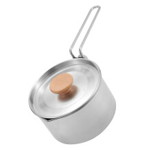Stainless Steel Camping Cookware Pot with Foldable Handle, Heat‑Resistant Wooden Grip for Hiking and Picnic
