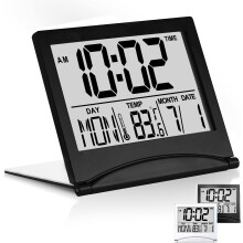 Despertador digital de viagem com visor grande e calendário.