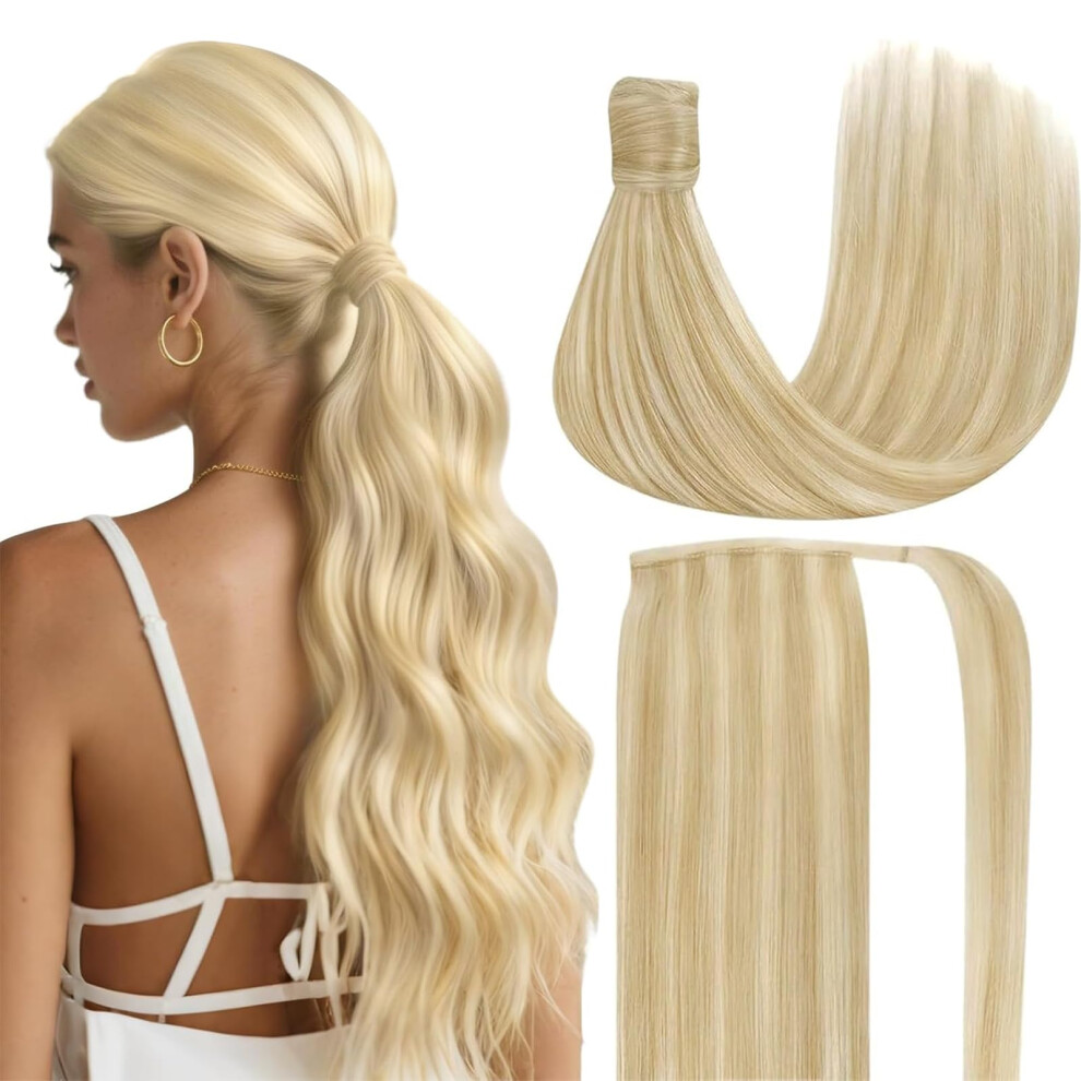 Unisex Brown 18 Inch Caramel Blonde Highlight Wrap Around Human Hair Ponytail Extension, Real Remy Straight Clip In