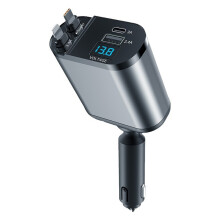 Încărcător auto retractabil cu afișaj de tensiune, încărcător auto retractabil 4 în 1, porturi USB duble, cablu de încărcare rapidă de