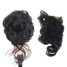 Gevlochten haarextensies met elastische band, pruik van echt haar, bruin en zwart, nonchalante opgestoken knot, haarstukjes voor een knot voor