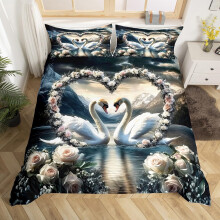 Charcoal Grey Queen Duvet Cover Set 3pcs with Romantic Swan and Heart Design, Soft Breathable Bedding for Valentine's Day