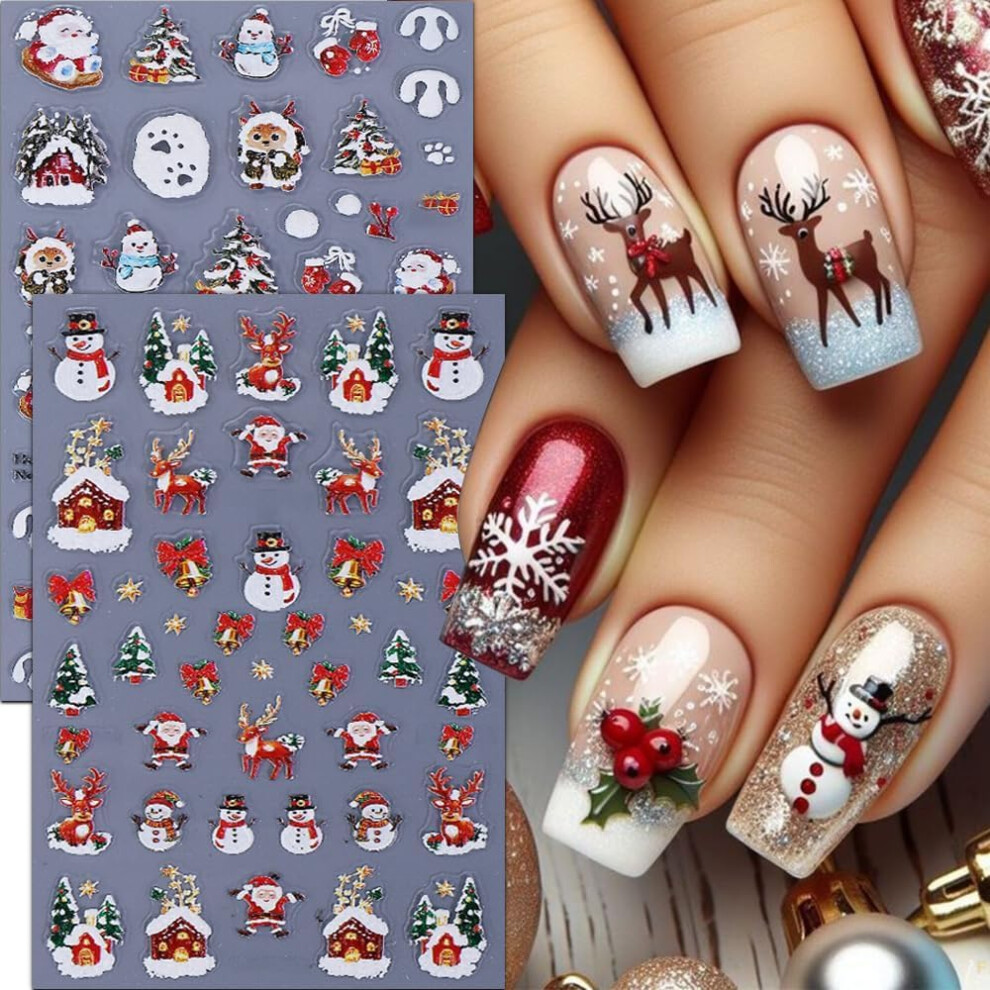 5D Embossed Christmas Nail Stickers Set for Women, Self Adhesive Santa Claus Tree Snowman Nail Art Decals