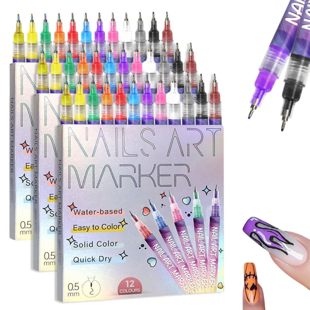 12 Colors Fine Tip Nail Art Pens Set, 0.5mm QuickDrying Nail Art Markers for Gel Nails Drawing