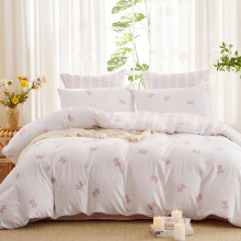 Reversible Queen Size Duvet Cover Set Pink Bowknot and Striped Microfiber Quilt Cover with Zipper Closure and Pillowcases