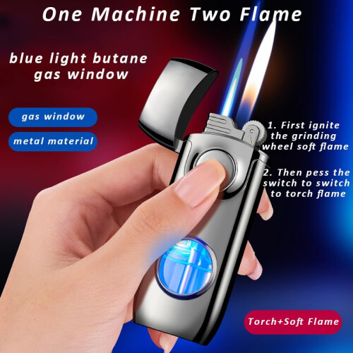 2 in 1 Torch Lighter Dual Flame Windproof Butane Refillable Lighter for Cigar Camping Blue Pink 2