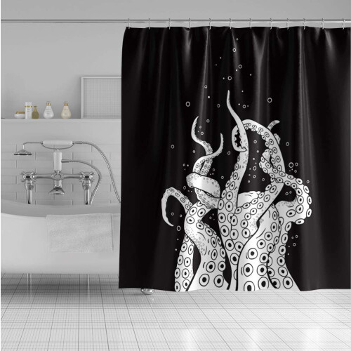 Waterproof Polyester Shower Curtain 65x72 Inch Octopus Design Bathroom Decor with Hooks Black Background 1