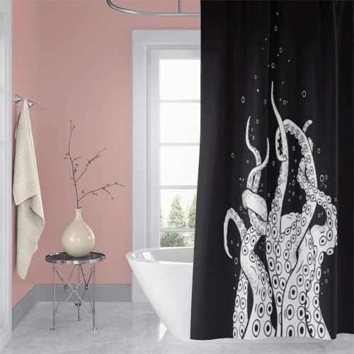 Waterproof Polyester Shower Curtain 65x72 Inch Octopus Design Bathroom Decor with Hooks Black Background 2