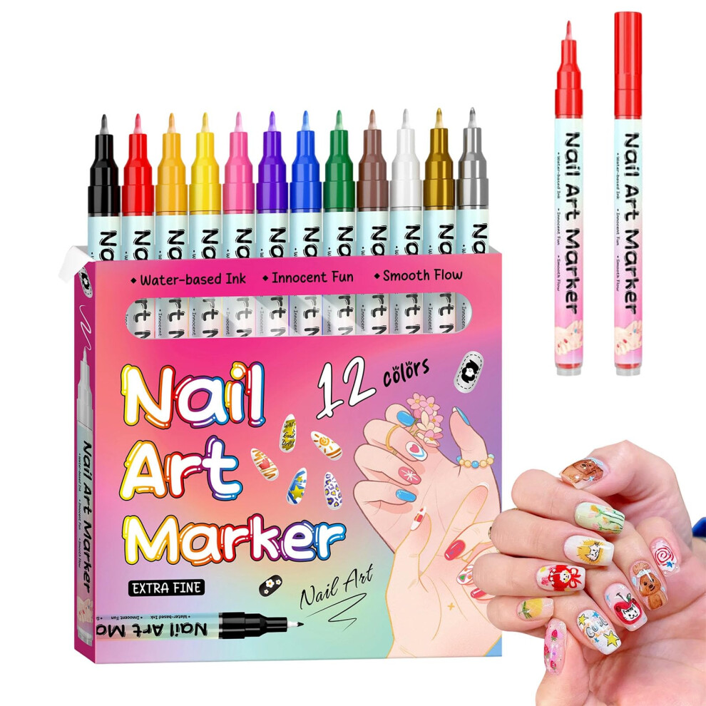 Waterproof Nail Art Pens Set 12 Colors 0.5mm Fine Tip Quick Dry for Dotting and Nail Design