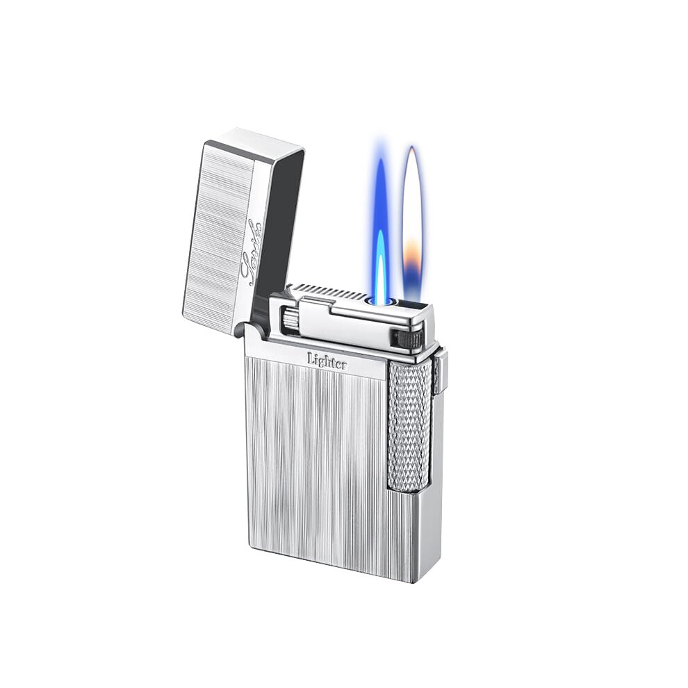 Silver Butane Torch Lighter Retro Flint Wheel Design Refillable Dual Flame Adjustable Soft Flame Metal