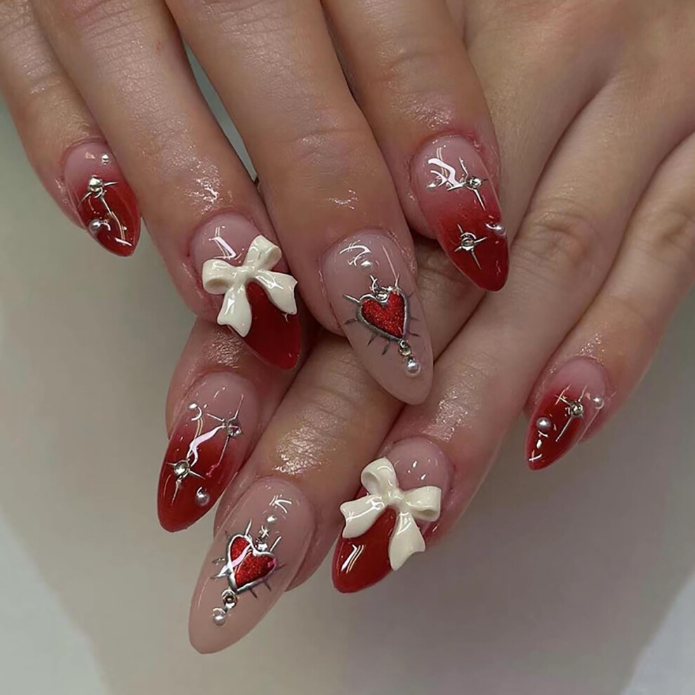 White,Red Valentine's Day Press On Nails Set Red Heart Fake Nails With 3D Bow Charm And Cute Pearl Rhinestones
