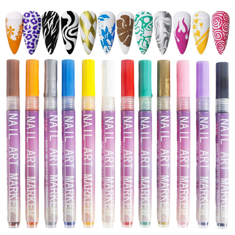 Nail Art Pen Set 12 Colors Waterproof LongLasting Fine Tip Nail Drawing Pens for DIY Manicure Design