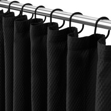 Waffle Weave Shower Curtain Black Fabric 72x72 Heavyweight with Reinforced Metal Grommets and Magnetic Hem