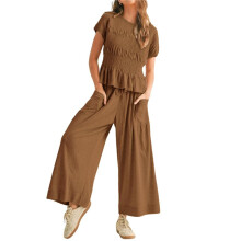 2-Teiliges Damen-Set Aus Gesmoktem Oberteil und Weiten Hosen - Lounge-Outfit mit Hoher Taille und Taschen, Lässiges Boho-Set Dunkelbraun S