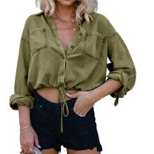 Chemise Courte en Jean pour Femme, Manches 3/4 Retroussables, Décontractée, Ample, avec Cordon de Serrage, Boutonnée sur le Devant Couleur Olive M
