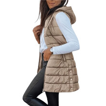 Gilet Long Sans Manches Ă Capuche pour Femme, Couleur Unie, VĂȘtement D'ExtĂ©rieur D'Hiver. Kaki 4XL