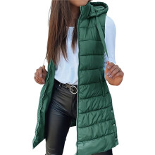 Gilet Long Sans Manches Ă Capuche pour Femme, Couleur Unie, VĂȘtement D'ExtĂ©rieur D'Hiver. Vert XXXL