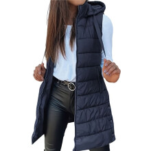 Gilet Long Sans Manches Ă Capuche pour Femme, Couleur Unie, VĂȘtement D'ExtĂ©rieur D'Hiver. Bleu FoncĂ© 4XL