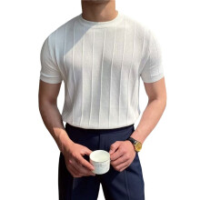 Chemise à Manches Courtes et Col Rond pour Homme, Coupe Fine, Décontractée, en Tricot Côtelé, Couleur Unie Blanc L