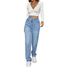 Jean Ample Taille Haute Décontracté pour Femme Bleu Moyen M