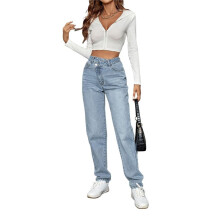 Jean Ample Taille Haute Décontracté pour Femme Bleu S
