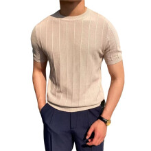 Chemise à Manches Courtes et Col Rond pour Homme, Coupe Fine, Décontractée, en Tricot Côtelé, Couleur Unie Abricot XXXL