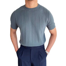 Chemise à Manches Courtes et Col Rond pour Homme, Coupe Fine, Décontractée, en Tricot Côtelé, Couleur Unie Bleu XXXL
