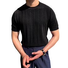 Chemise à Manches Courtes et Col Rond pour Homme, Coupe Fine, Décontractée, en Tricot Côtelé, Couleur Unie Noir M