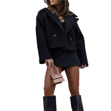 Damen Kurzer Peacoat Wollmischung Büroarbeit Reverskragen Kurze Winterjacke Trenchcoat Schwarz S