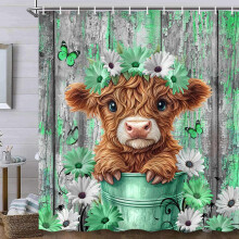Highland Cow Shower Curtain 36x72 Rustic Farmhouse Bathroom Decor with Daisy Floral Pattern and Hooks