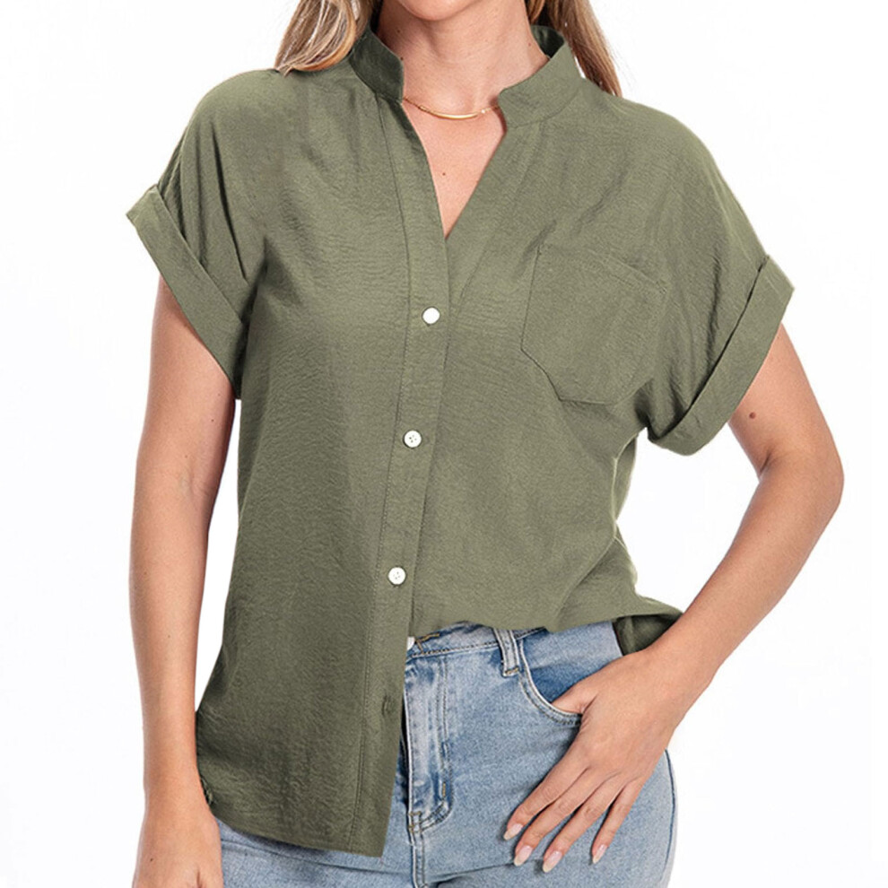 Womens Casual Shirts Short Sleeve Blouses Loose-Army Green L