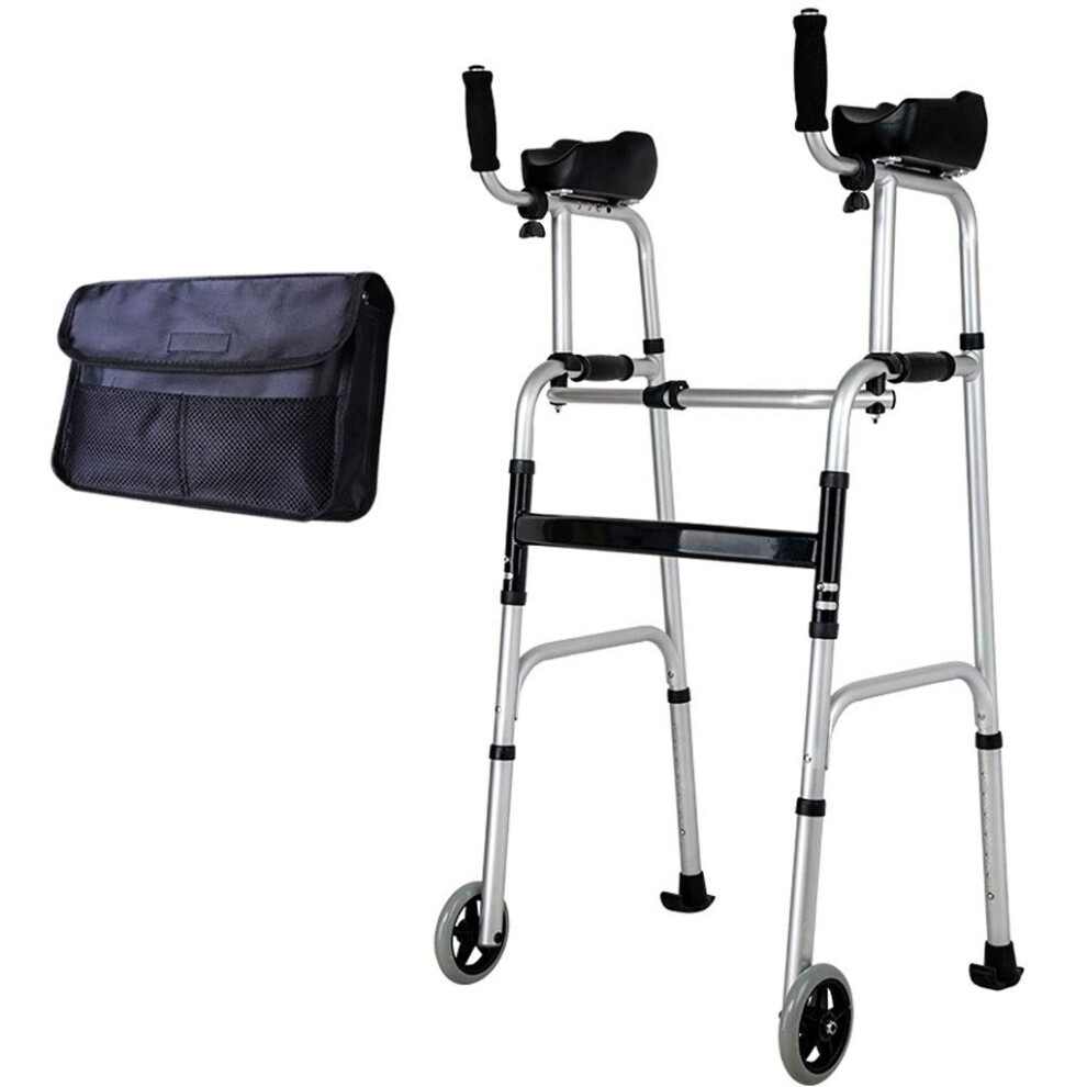 Folding Walker with Armrest, Adjustable Height Aluminum Walking Frame for Elderly Mobility Aid