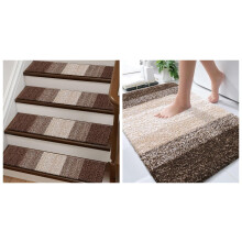 Non Slip Stair Treads for Wooden Steps, Soft Microfiber Brown and Light Brown Set, Easy Clean Low Profile Indoor Use