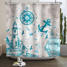 Teal Nautical Sailboat Shower Curtain 69x70 Waterproof Polyester Coastal Beach Lighthouse Decor with Hooks