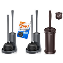 2 Pack Toilet Plunger and Brush Set with Extra Long Handle Durable Bristles and Covered Metal Holder