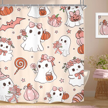 Halloween Shower Curtain 60x72 Cute Ghost Pink Pumpkin Design Waterproof Polyester with Hooks