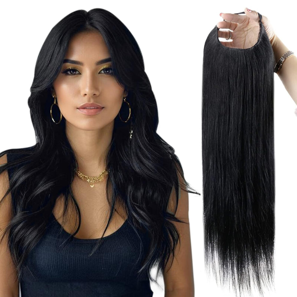 U Part Human Hair Wig 22 Inch Jet Black Real Human Hair Extensions Glue Natural Blend