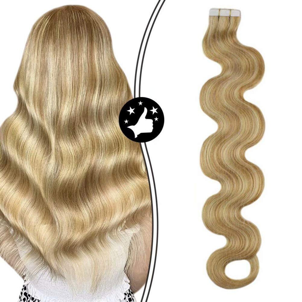 Unisex Wavy Blonde Tape In Hair Extensions 22 Inch Remy Human Hair Seamless Blend Reusable 20Pcs