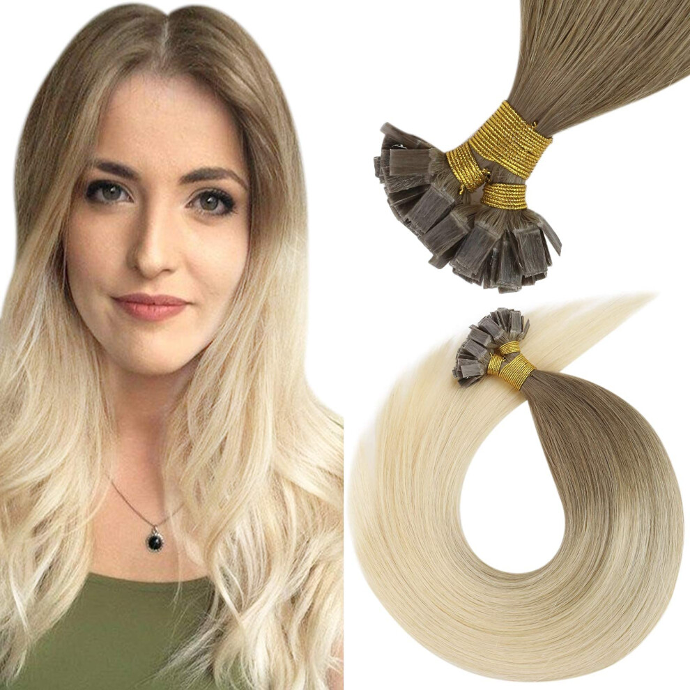 Unisex Golden Flat Tip Hair Extensions 16 Inch Blonde Balayage 100% Remy Human Hair Pre Bonded Keratin Fusion
